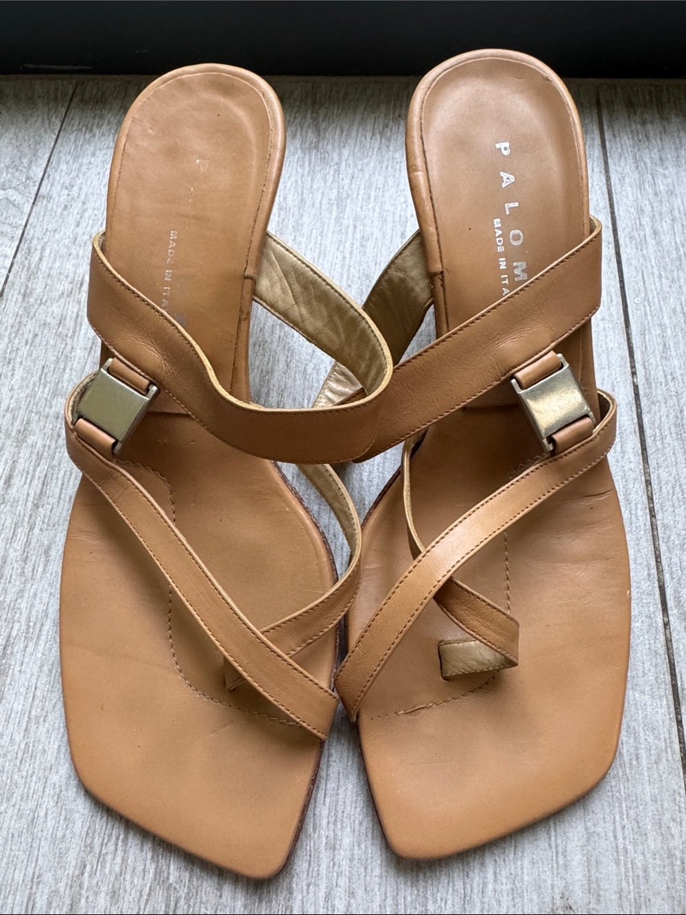 Paloma Tan Leather Crisscross Slide Sandals Made in Italy Vintage 6.5 Heels